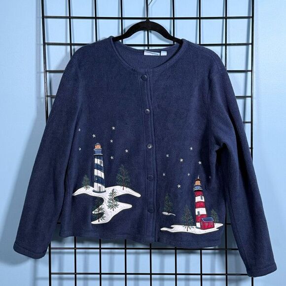 Vintage Fleece Button Front Sweater Womens M Blue Lighthouses Cottagecore - Picture 1 of 10